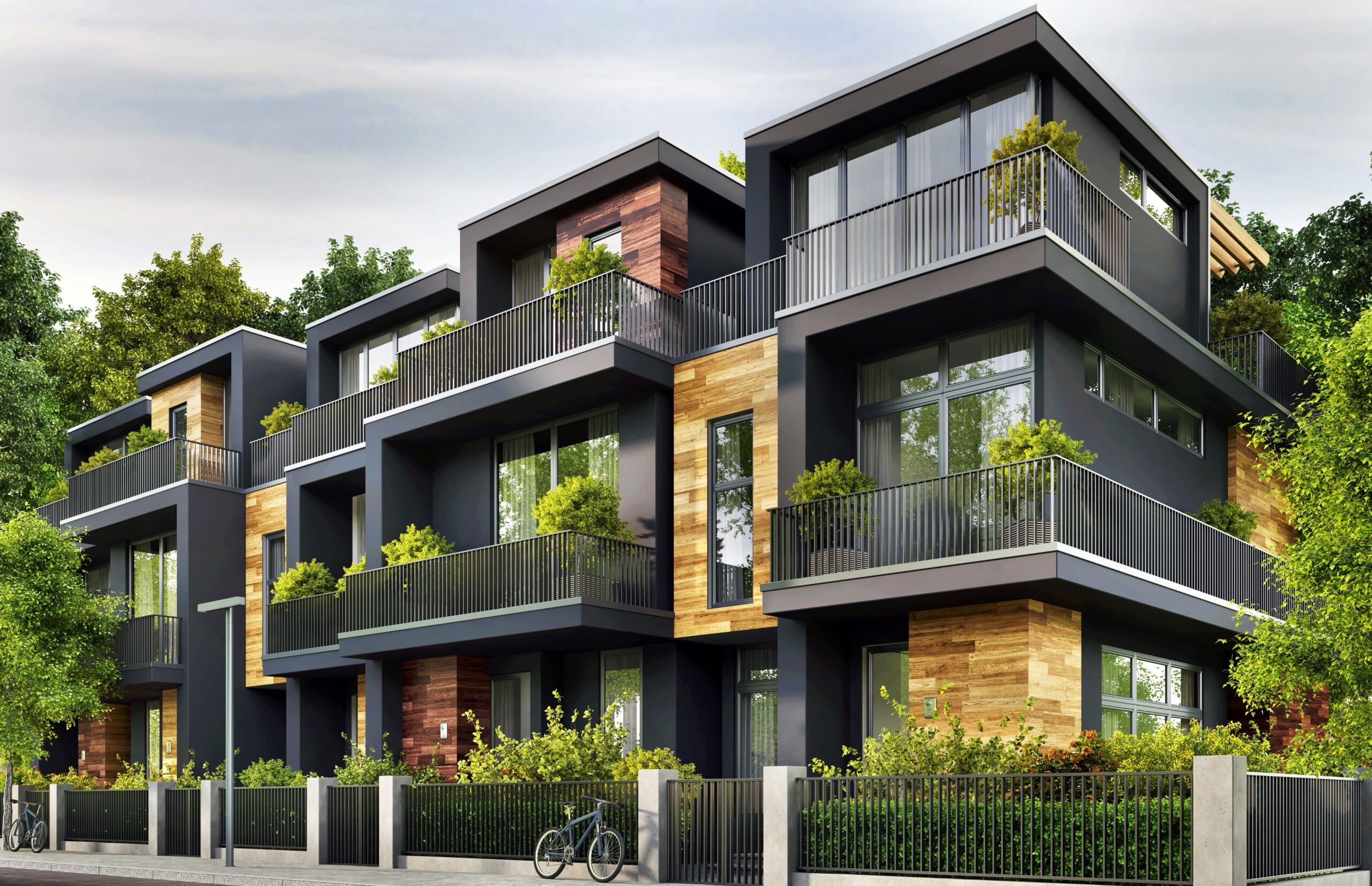 3D Luxus Immobilie mit Balkon und Pflnzen.
